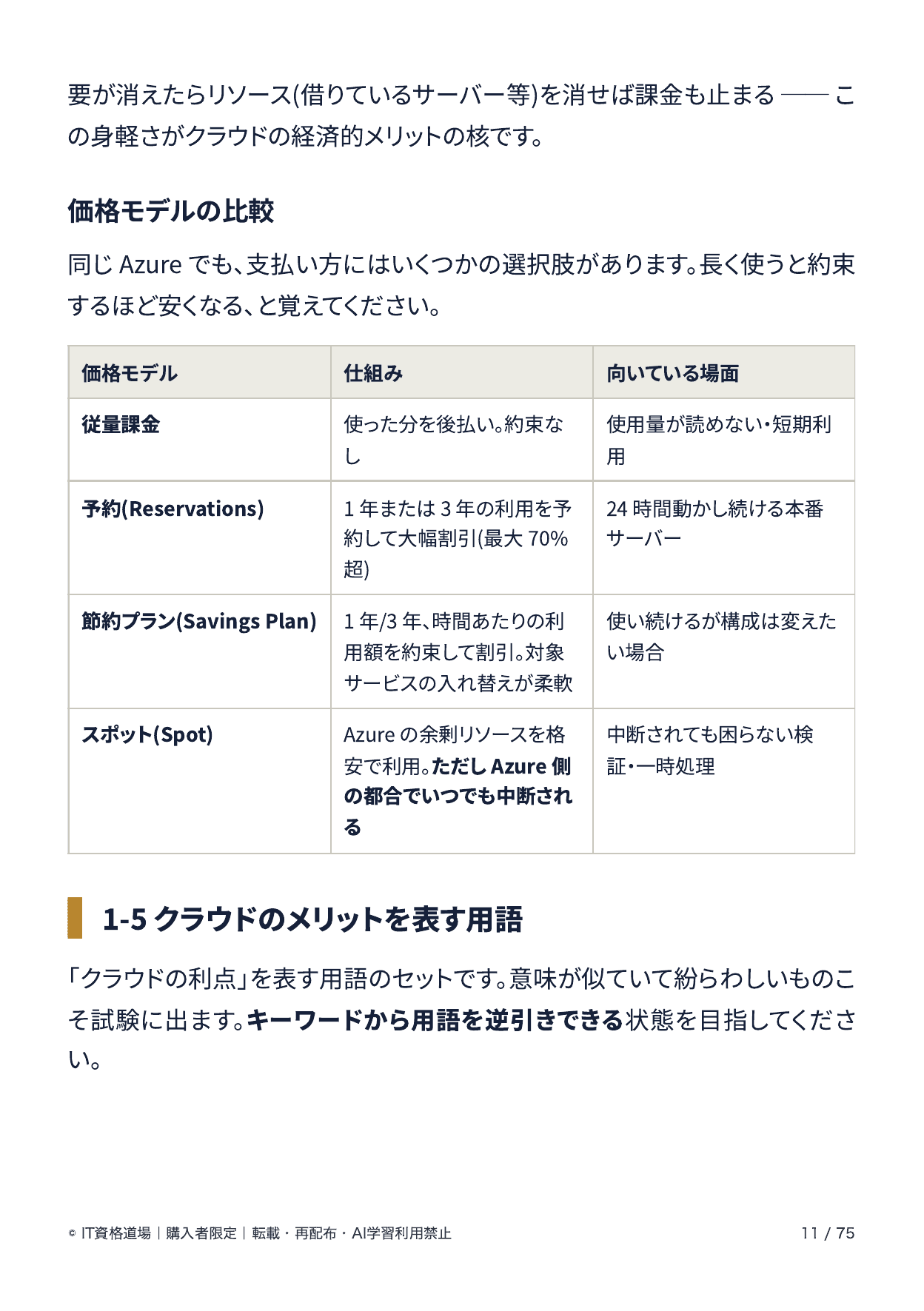 付属する学習用テキスト(PDF)の紙面。上に「価格モデル」の表があり、節約プラン(Savings Plan)とスポット(Spot)について、仕組みと向いている場面が列で比べられている。その下に「1-5 クラウドのメリットを表す用語」の節が続き、高可用性(High Availability)とスケーラビリティ(拡張性)が、垂直スケーリング・水平スケーリングの箇条書きとともに説明されている。